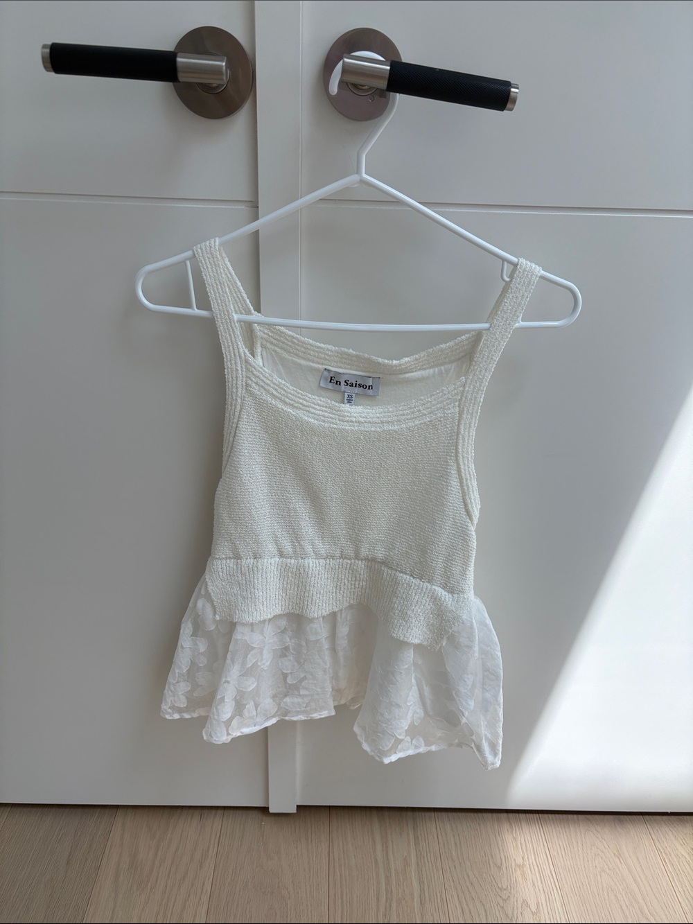 En Saison Cream Textured Peplum Tank with Lace Ruffle